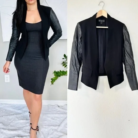 St. John Caviar Black Lamb Leather Open Front Blazer Jacket - Picture 4 of 16